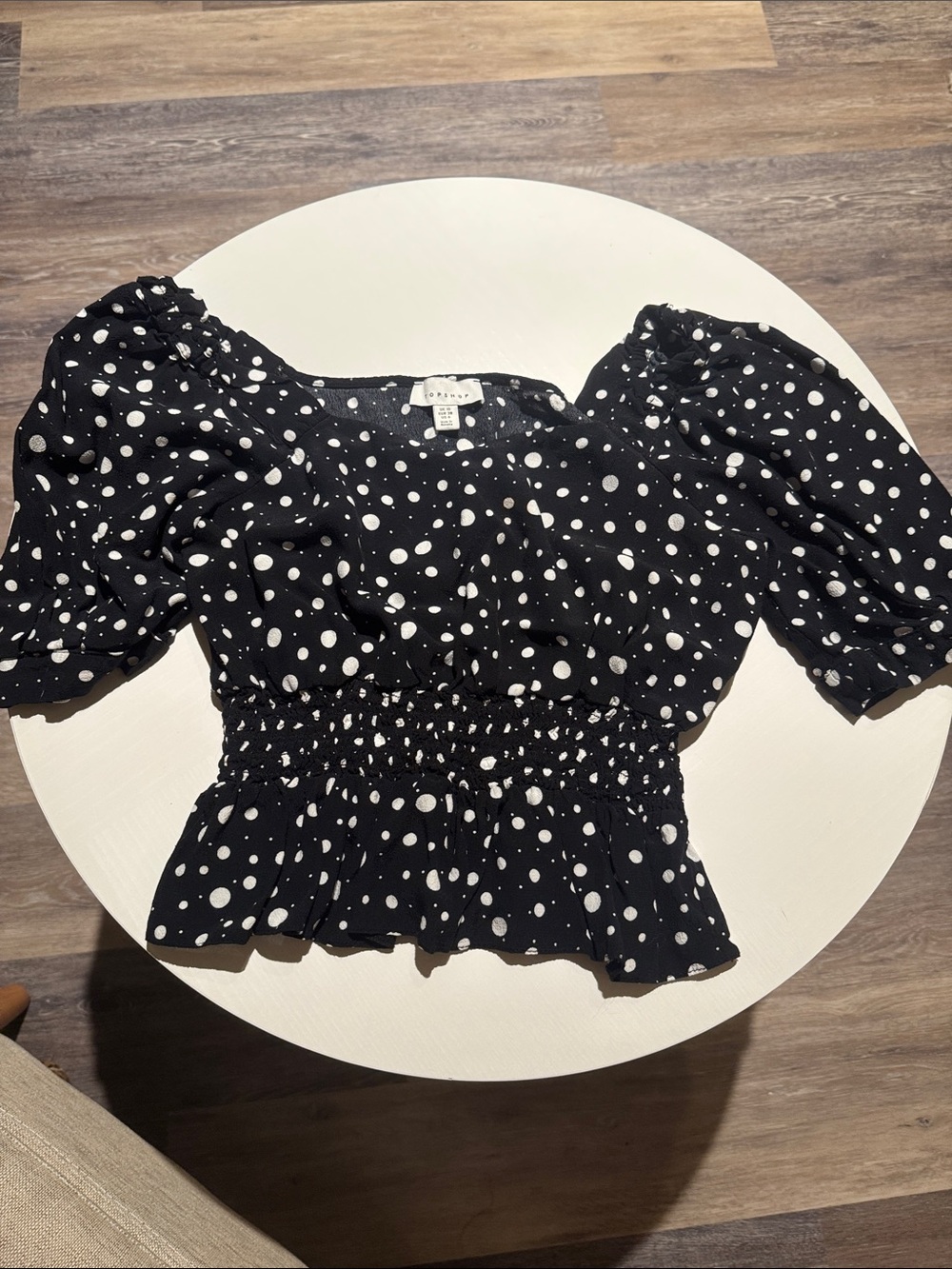 Topshop Black and White Polka Dot Smocked Puff-Sleeve Crop Top